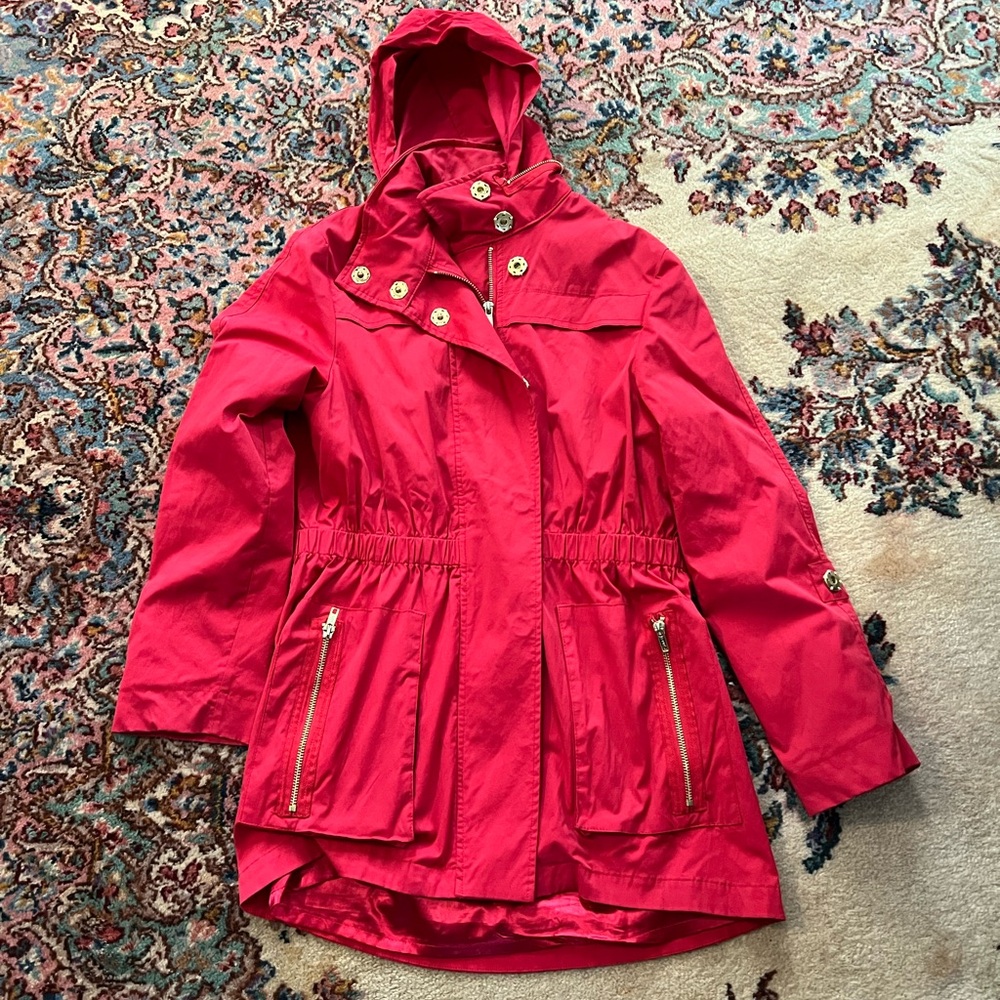 Red CM raincoat with hood